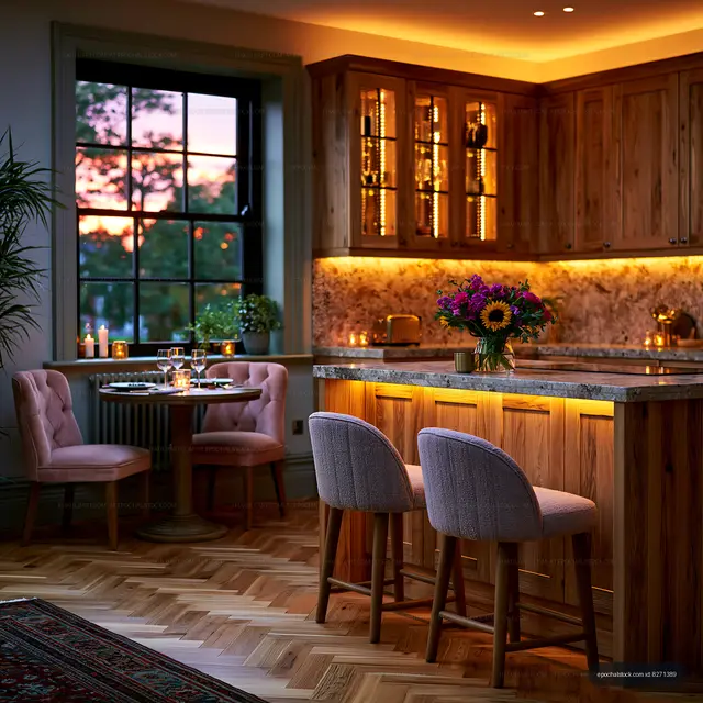 Elegant wood kitchen with illuminated island and sunset view