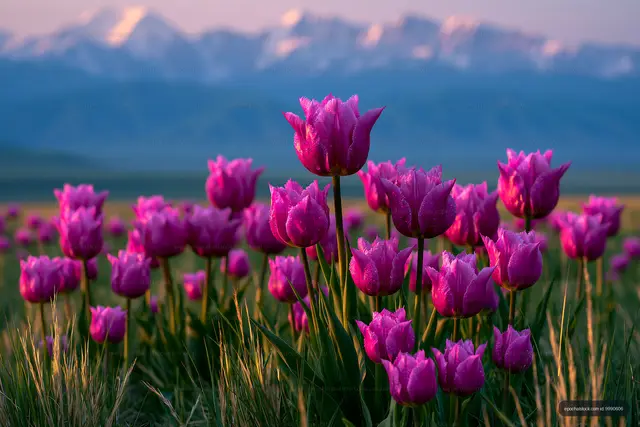 Vibrant pink tulips blooming beneath distant mountains
