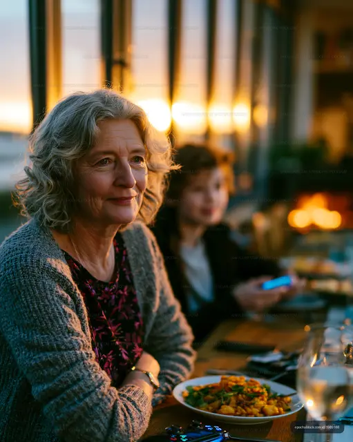Woman dining with companion at sunset restaurant table