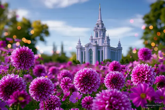 Colorful flowers in front of a church with a blue sky background
