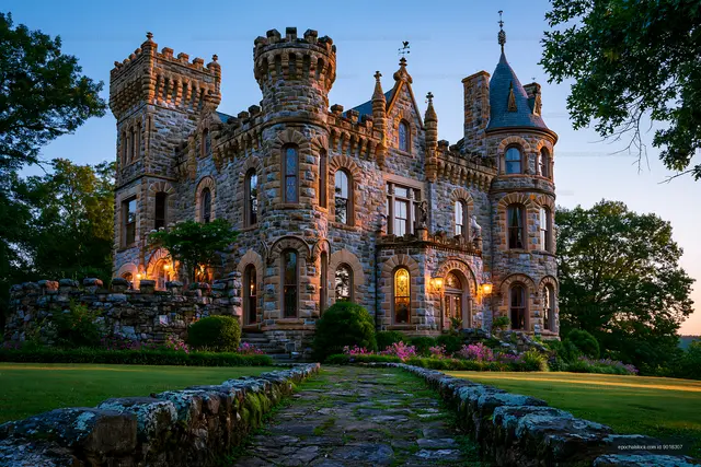 Historic stone castle and garden in warm evening light