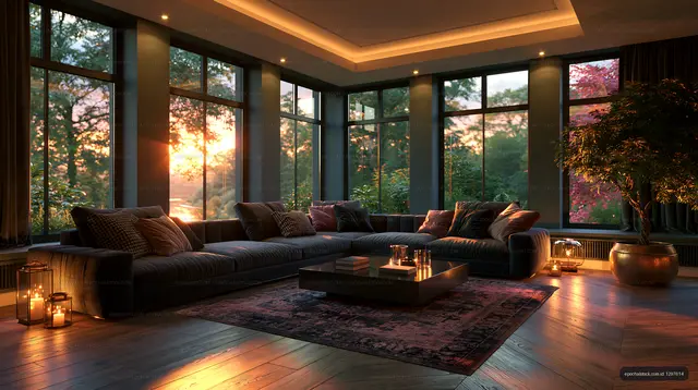 Cozy modern lounge with panoramic windows at sunset