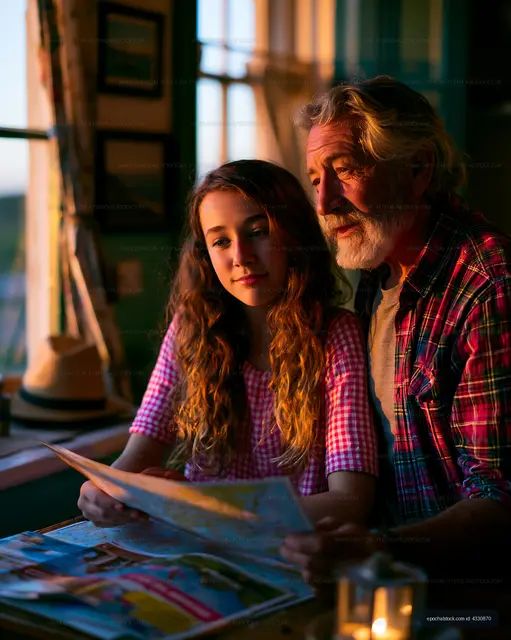 Grandfather and granddaughter review a map together
