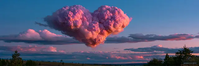 Pink cumulonimbus cloud over fields at sunset