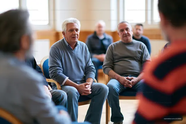Community discussion with older men seated together