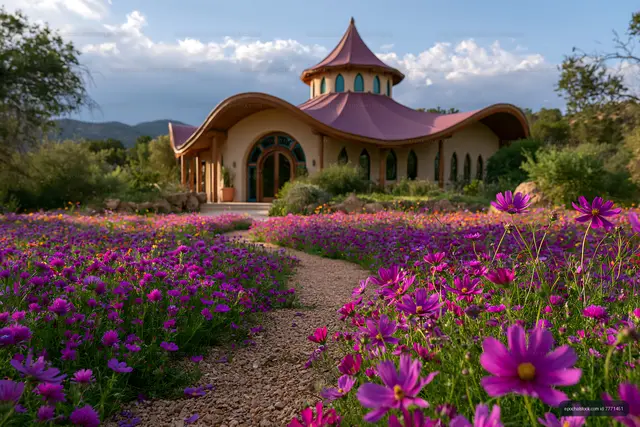 Decorative pavilion among colorful flowers and garden paths