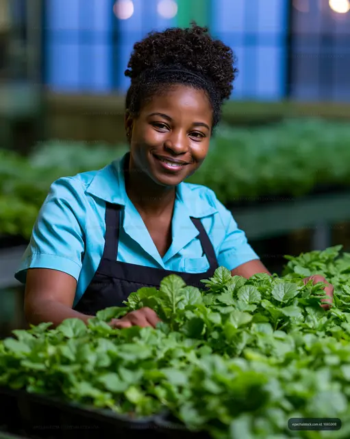 Smiling gardener among indoor trays of fresh greens