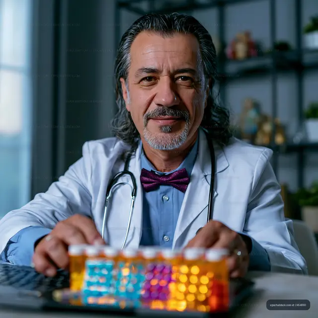Male Doctor Holding Colorful Medicine Containers