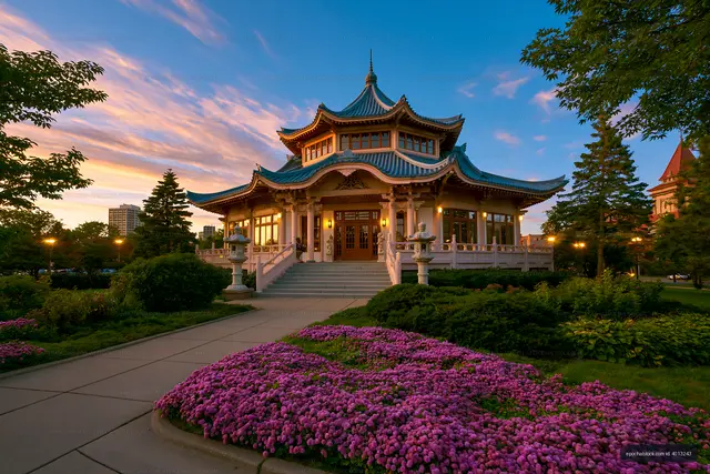 Decorative Chinese-style pavilion in a flowering garden