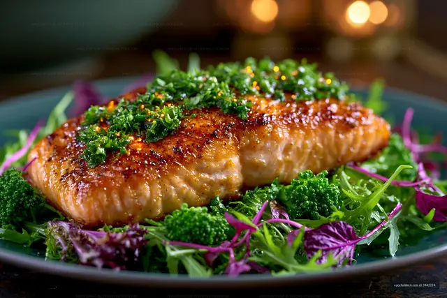 Glazed salmon fillet served with fresh mixed greens