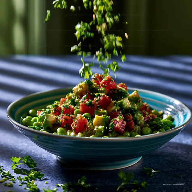 Fresh vegetable salad with avocado, tomatoes, peas, and herbs