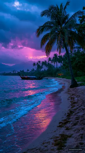 Serene tropical beach with palms, boat, and twilight reflections