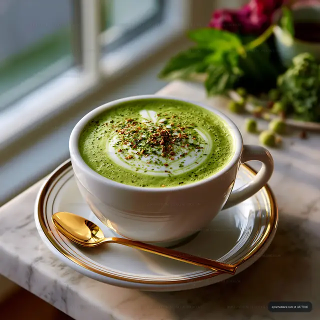Creamy green matcha drink with foam and spice topping