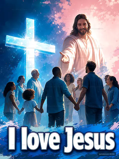 People holding hands in prayer under a glowing cross