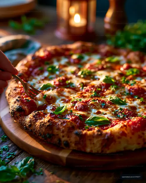 Close-up pizza with basil, tomato sauce, and melted cheese