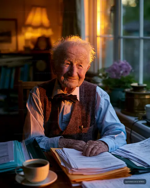 Warm portrait of elderly man with paperwork and coffee