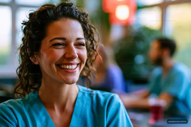 Close-up portrait of smiling woman in café