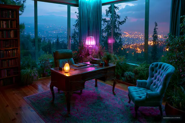 Classic study interior with glowing city view