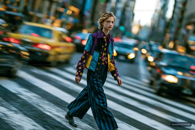 Person walking through blurred city traffic