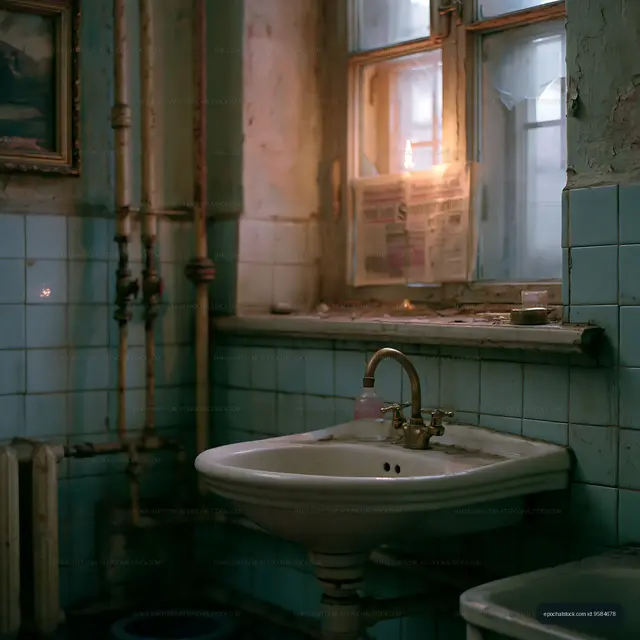 Old tiled bathroom with porcelain sink and warm candlelight