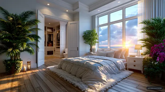Serene coastal bedroom with tropical greenery and sunset light