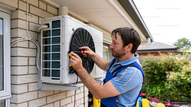 Worker repairing a home air conditioning system