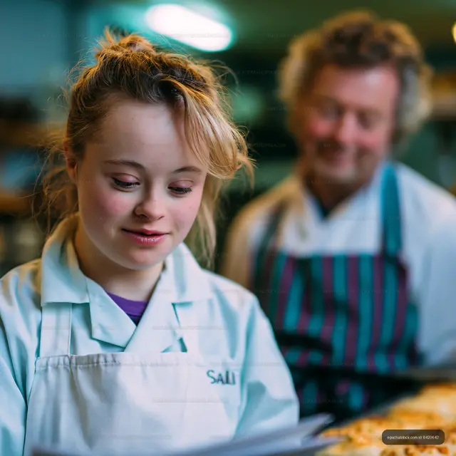 Young woman reading recipe in bakery with man in background