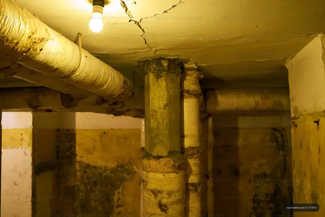 Dim utility basement with insulated pipes and ceiling cracks