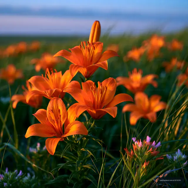 Orange lily blossoms among meadow grasses