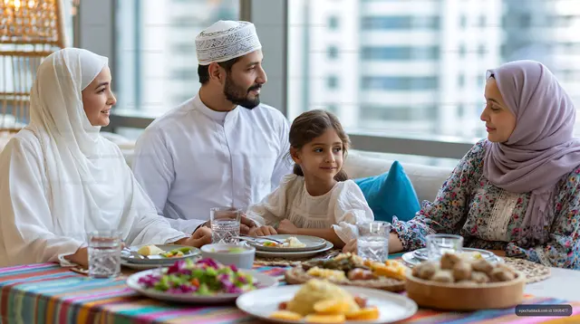 Family gathering around a table with traditional food