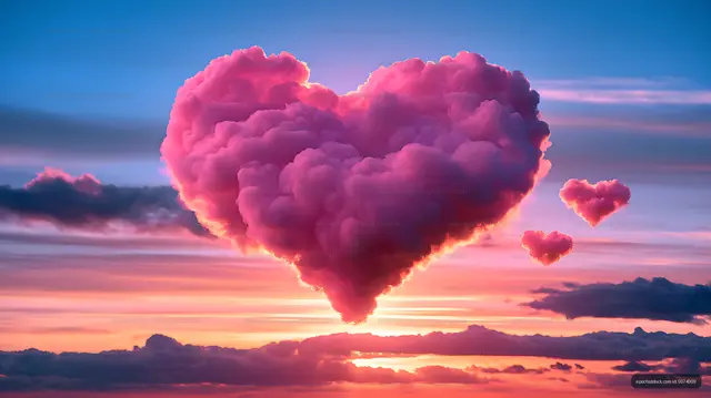 Dreamy pink heart cloud above a glowing sunset horizon