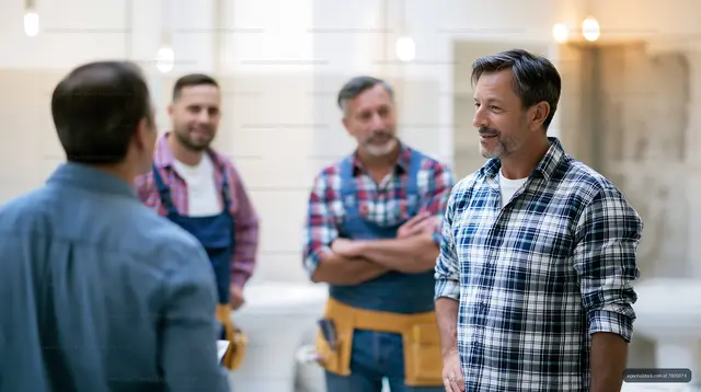 Four men having a conversation in a workshop