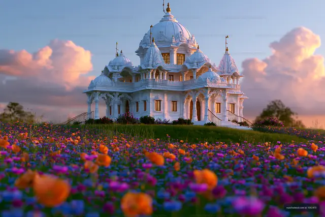 Ornate white temple above a wildflower meadow