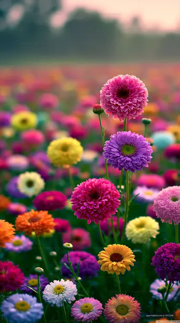 Colorful flower field with various blooms in spring