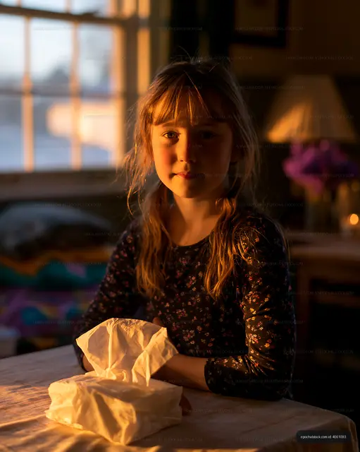 Child sitting at a table with white paper in warm evening light