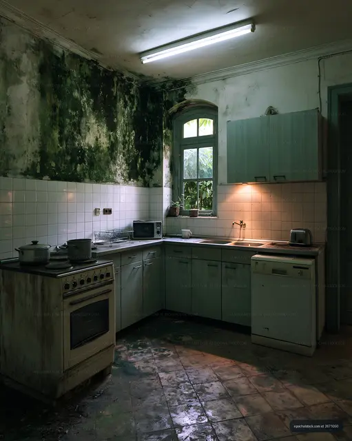 Empty deteriorating kitchen with moldy walls and old appliances