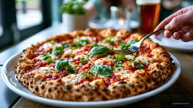 Baked pizza with basil and melted cheese
