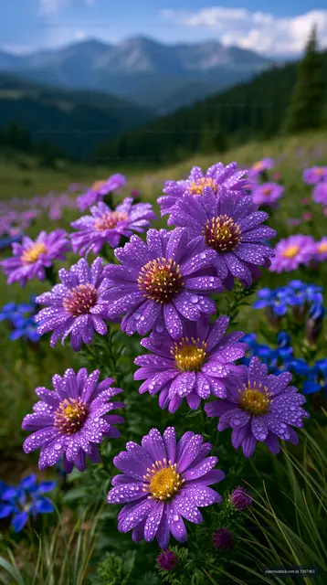 Purple wildflowers with water droplets and distant mountains
