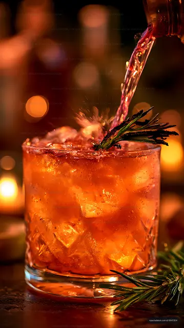 Close-up orange cocktail splash with rosemary and ice