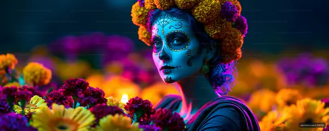 Vibrant woman in skull face paint surrounded by flowers
