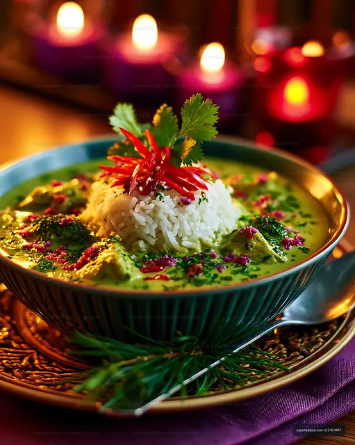 Gourmet green curry with rice and red chili garnish