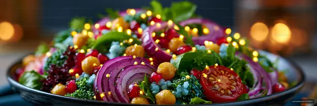 Vibrant vegetable salad under decorative lights