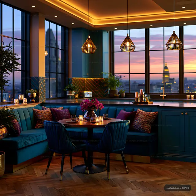 Stylish dining lounge with panoramic sunset skyline