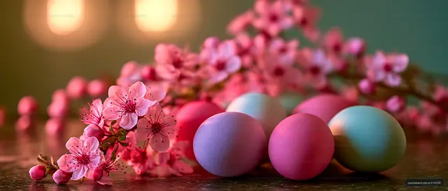 Pink flowering branch with pastel spheres and warm bokeh