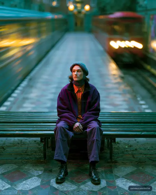 Person seated on a subway bench with motion-blurred surroundings