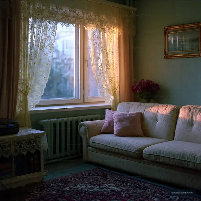Traditional living room with lace curtains and warm natural light