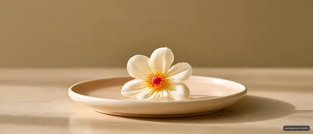 White floral still life in a water-filled ceramic plate