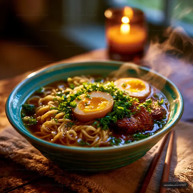 Close-up bowl of ramen with egg and glazed meat