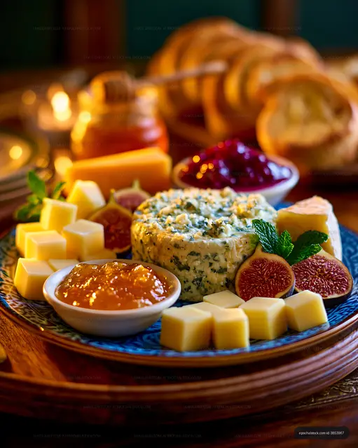 Rustic cheese platter served with figs and jam