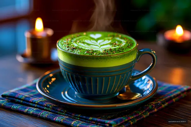 Green matcha tea latte with foam art and candles